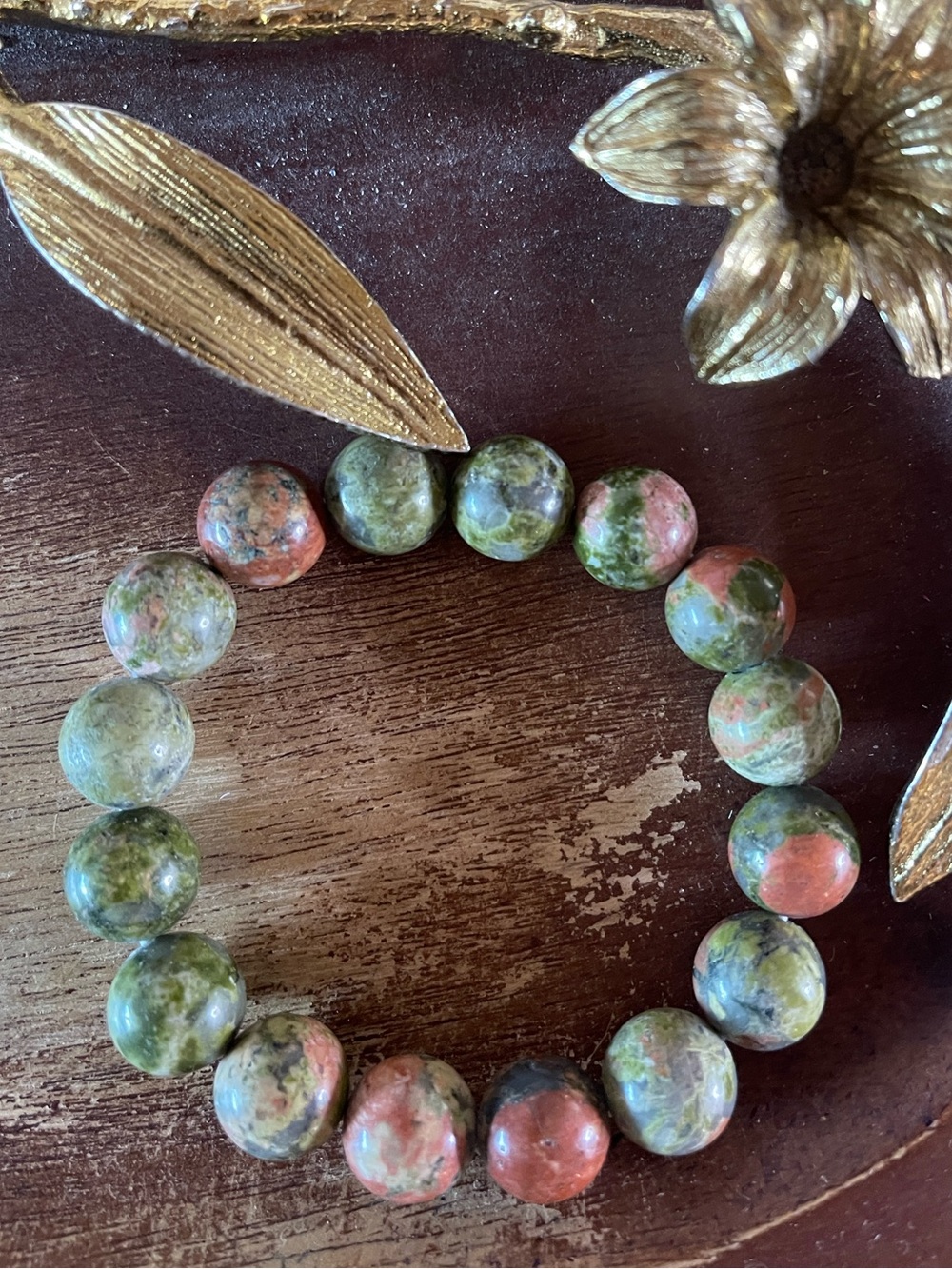 Natural Unakite Beaded Stretch Bracelet - Green & Pink (12MM)